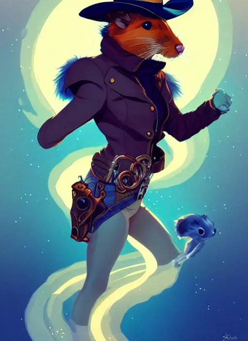 Image similar to style artgerm, joshua middleton, illustration, anthropomorphic hamster as cowboy steampunk, blue fur, swirling water cosmos, fantasy, dnd, cinematic lighting, collectible card art