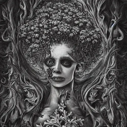 Image similar to a beautiful detailed rococo 8 0's photo of a rotten woman corpse morphing into fractal plants and fractal flowers and mushrooms, face muscles, veins, anatomical, intricate, ornate, volumetric light, beautiful lit, beetlejuice