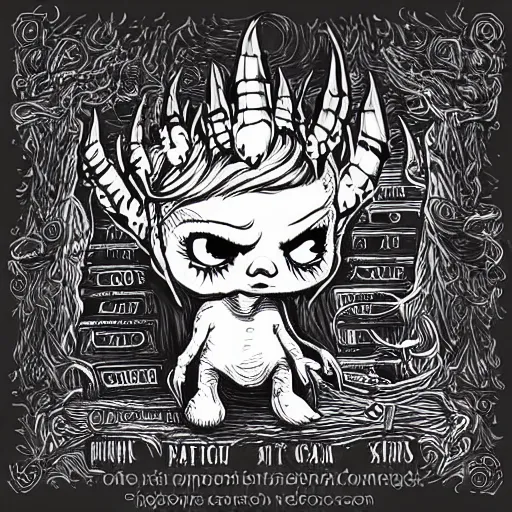 Image similar to cute little satan drawing with big eyes black and white, ink pen, metal music grindcore album cover style, handwriting, metal band name typography