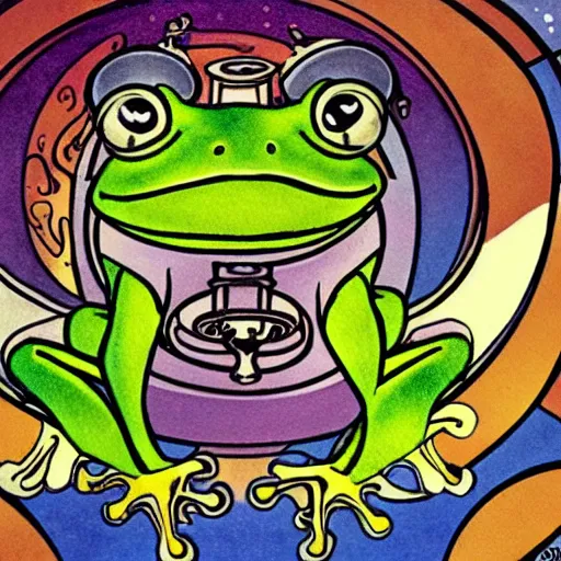 Image similar to art nouveau frog drinking absinthe on a spaceship