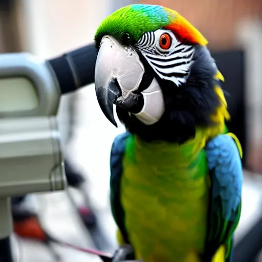 Image similar to a parrot dressed as a reporter reporting the news on tv