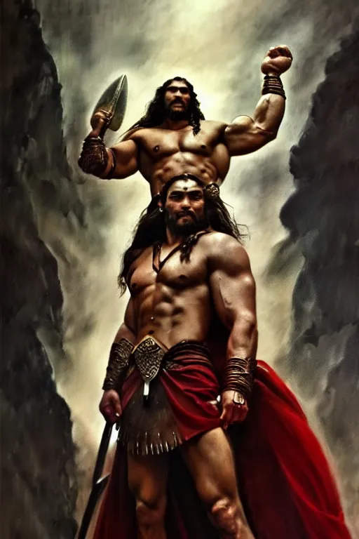 Image similar to beautiful portrait oil painting, jason momoa conan the barbarian standing in a dungeon wearing a crown and royal crimson spartan armor enthroned as the god emperor of ancient rome, muscular, action pose, frank frazetta, boris vallejo, greg rutkowski, beautiful cinematic light, low angle, thomas lawrence, greg rutkowski, high contast