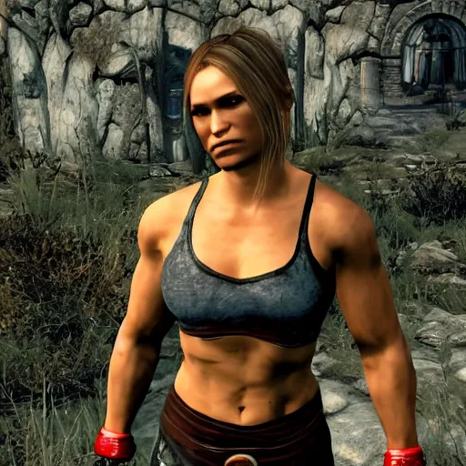 Image similar to character screenshot of ufc ronda rousey dc in skyrim, lydia armor, npc talking, wilderness, 1 0 8 0 p, bokeh, elder scrolls v, detailed, dialog text