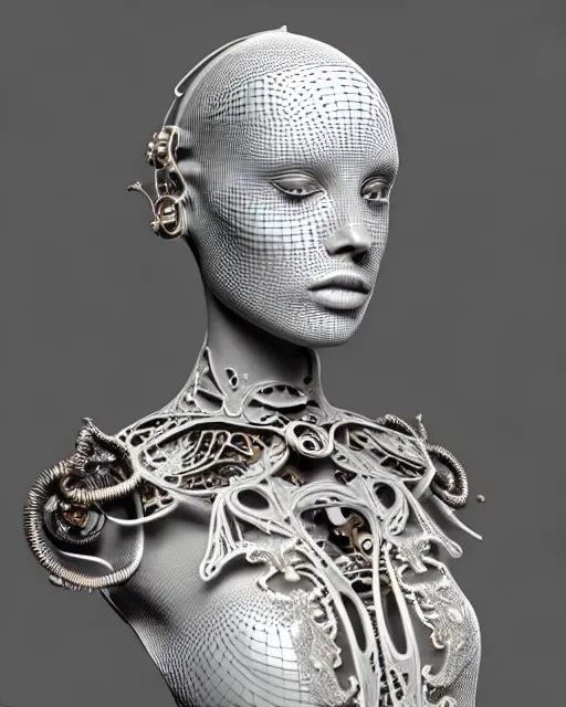 Image similar to monochrome 3 d model, 1 8 7 0 picture, silver lace floral steampunk biomechanical beautiful young female cyborg with porcelain profile face and a techno eye, volumetric light, leaves foliage and stems, hibiscus flowers, sinuous fine roots, fine foliage lace, alexander mcqueen, rim light, big gothic fashion pearl embroidered collar, octane render, 8 k