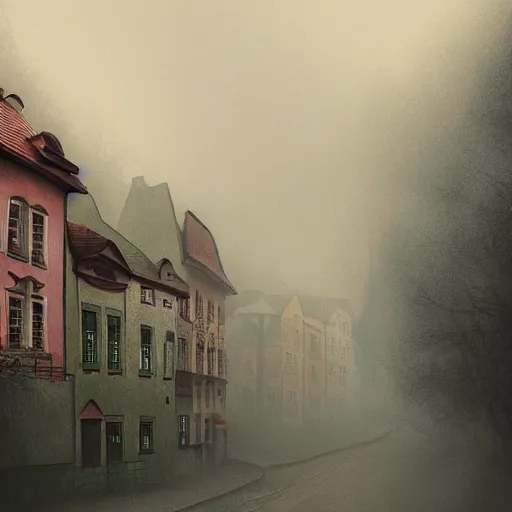 Image similar to old czech city Decin green and red tones, by Aron Wiesenfeld and beksincki, cinematic, detailed illustration, nature, fog, dark colors, suspense, intricate, 8k