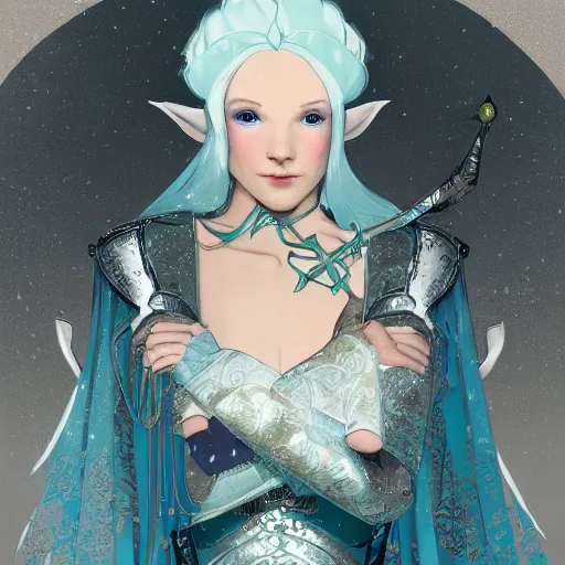 Image similar to half length portrait of a handsome snow elf in a turquoise cape and silver armour, armed with bow and arrow, albino skin, winter vibes, elegant, very coherent symmetrical artwork, rule of thirds, by ralph hosley and alphonse mucha and charlie bowater, sharp focus, trending on artstation