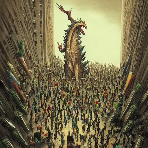 Image similar to A beautiful drawing of a large, dragon-like creature with sharp teeth, talons, and a long tail. The creature is looming over a small group of people who appear to be in distress. by Satoshi Kon, by Matthias Jung