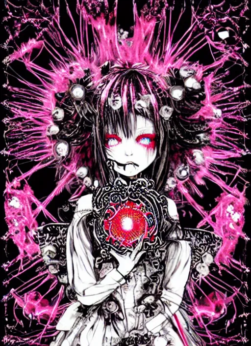 Prompt: spiked bloodmoon sigil stars draincore, goregrind album cover, baroque bedazzled gothic royalty frames surrounding a hellfire hexed witchcore aesthetic, dark vhs broken hearts, neon glyphs spiked pixelsort fairy kei decora doll by guro manga artist Shintaro Kago