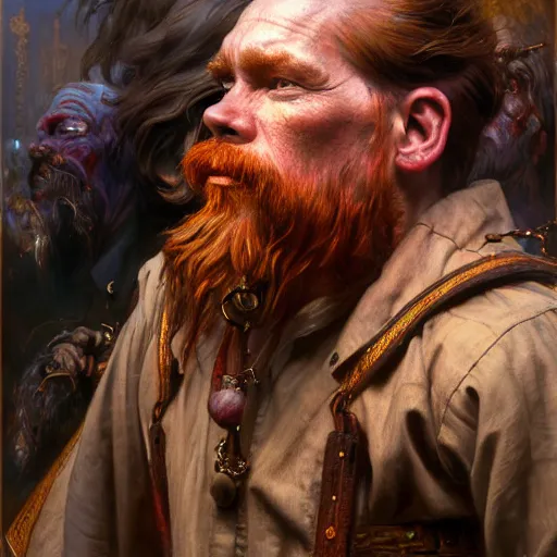 Prompt: highly detailed portrait of a poor smith in the form of a beautiful male dwarf with red beard. d & d. art by donato giancola, eugene delacroix, ruan jia, carl larsson, peter mohrbacher. trending on artstation, intricate details, energetic composition, concept art, illustration, global illuminaition, face of kevin bacon