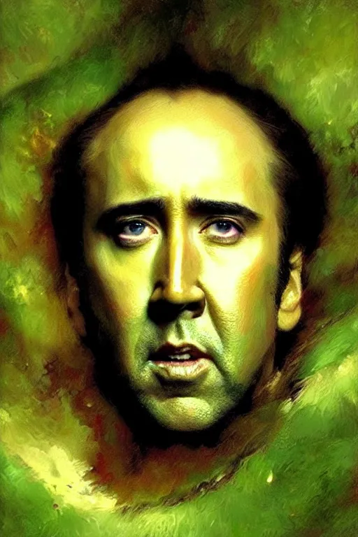 Prompt: nicolas cage ’ s face on a green pickle portrait dnd, painting by gaston bussiere, craig mullins, greg rutkowski, yoji shinkawa