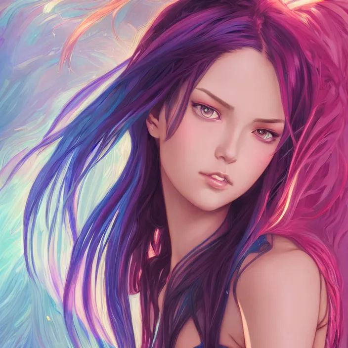 Image similar to portrait of beautiful symmetrical anime girl, rainbow hair, attractive, casual, modern, victoria's secret, highly detailed, digital painting, artstation, concept art, smooth, sharp focus, illustration, art by artgerm, greg rutkowski and alphonse mucha, 8 k,