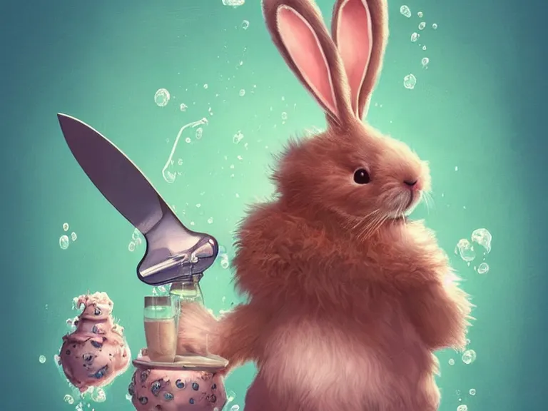 Prompt: a cute fluffy girl rabbit standing in a pool of water and holding a knife makes slicing motions through the air. Lowbrow, pop surrealism art style, contemporary art illustration, pin-up art, intricate, character concept art, 8K detail post-processing, by Steven Stahlberg, trending on ArtStation