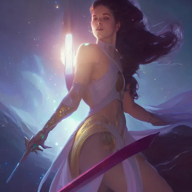 Prompt: portrait of a space princess carrying glowing sword and wearing shiny armor, subsurface scattering, artistic, art by artgerm, greg rutkowski and alphonse mucha, artstation, octane render,