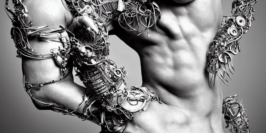 Prompt: hyper realistic photography of a stunningly beautiful cyborg male, plated arm, intimate, chest, holding close, ribbons, in the style of beth cavener, jin kagetsu,, and wlop, highly detailed, intricate filigree, symmetry, masterpiece, award winning, sharp focus, concept art, highkey lighting, ambient lighting, octane render, 8 k, artstation