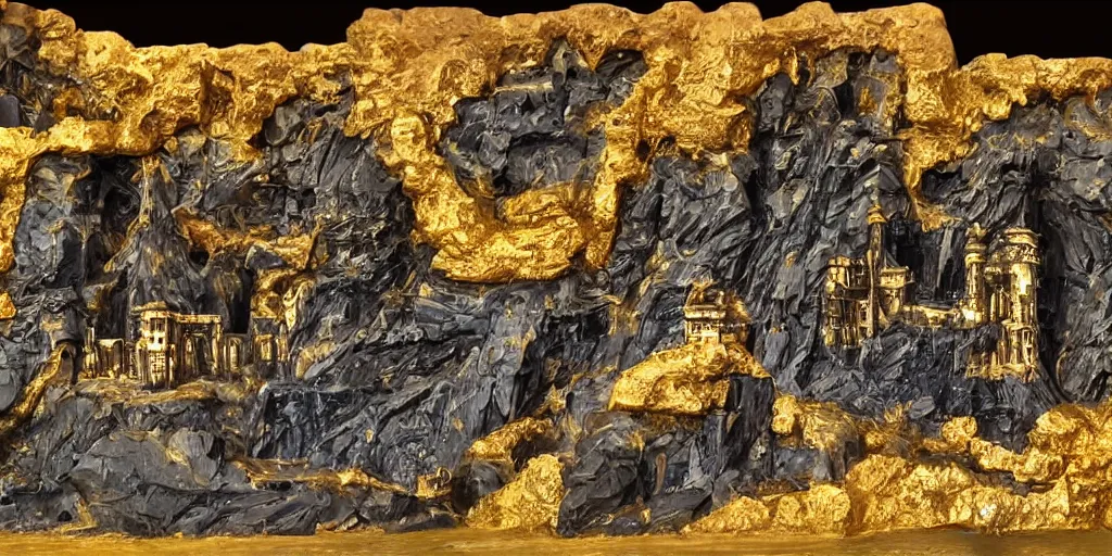 Image similar to ornate obsidian castle on high cliffs with rivers and waterfalls of glowing melted gold. by tom bagshw and by ralph bakshin. power and beauity.