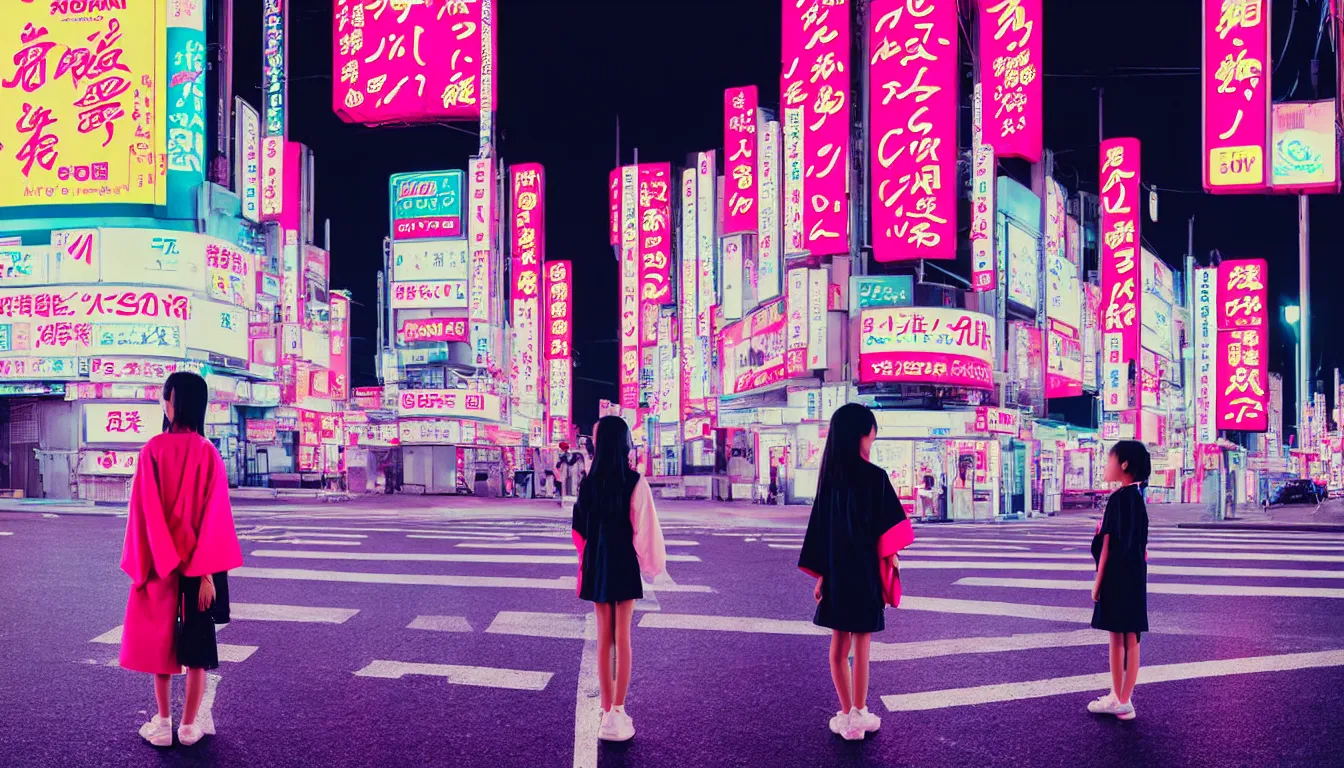 Image similar to 90s neon movie still. japanese city at night. ((One Girl)) stands in the middle of a crosswalk wearing a kimono. She is looking up at an advertisement. hyperrealistic, high definition, medium format photography, highly detailed, technicolor, anamorphic 50mm lens