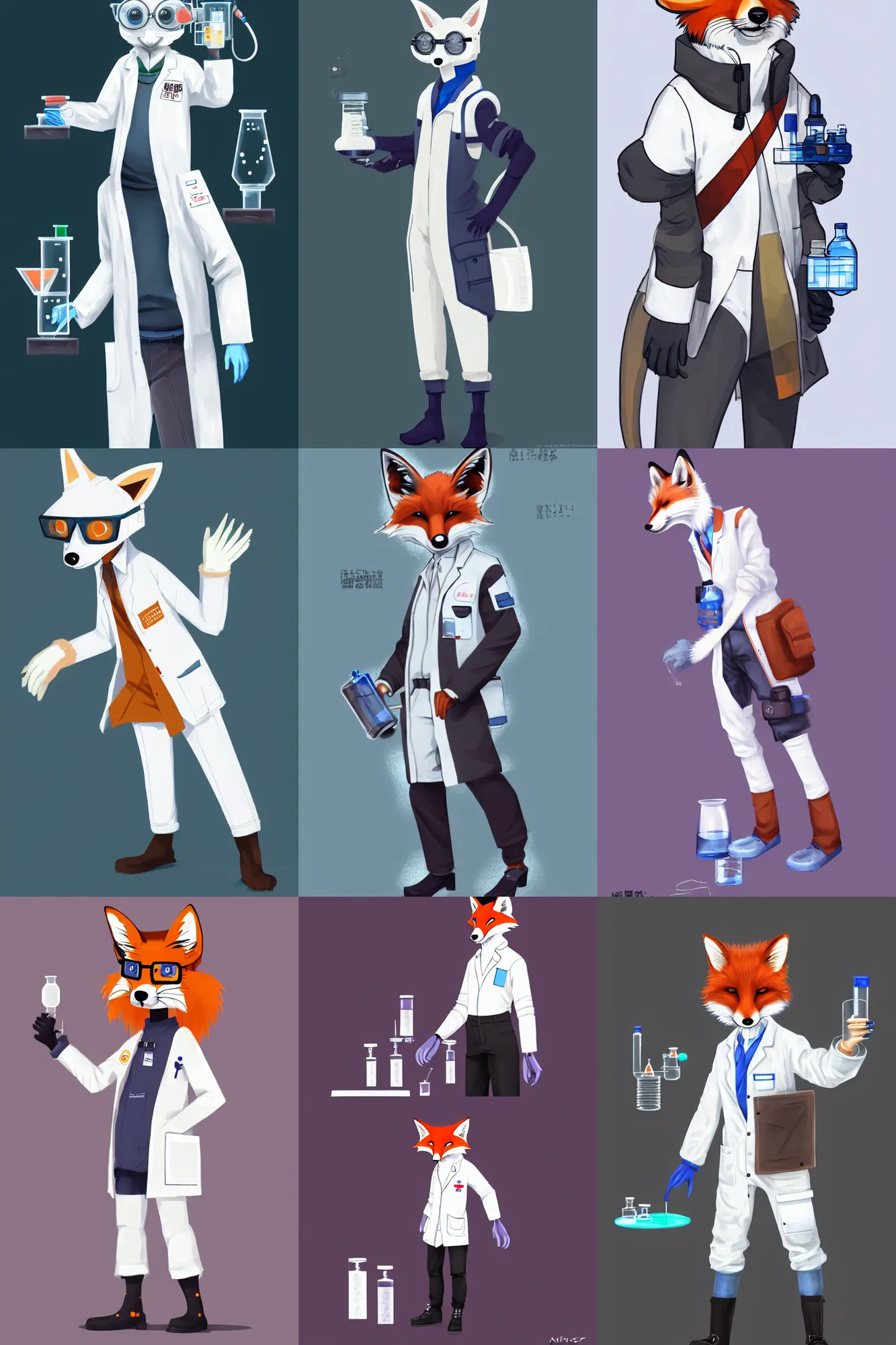 Prompt: a scientist fox fursona wearing a white work uniform doing chemical experiments in his labor trending on artstation by kawacy furry art digital art cyberpunk high quality, beautiful detailed