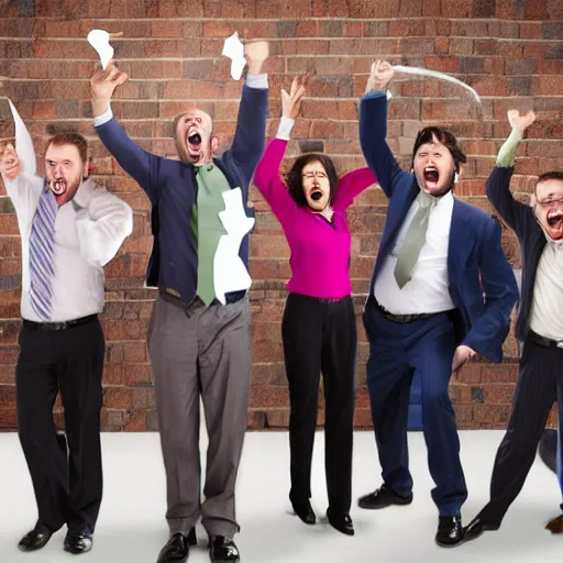 Prompt: cool business people throwing computers, screaming yelling, smashing things. high resolution color magazine candid photograph.