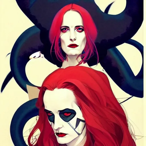 Image similar to Joshua Middleton comic art, wide shot, stunning elegant female Eva Green, kabuki mask, beautiful evil sneer, symmetrical face, symmetrical eyes, leather clothing and boots, long straight red hair, full body, Indigo occult pattern