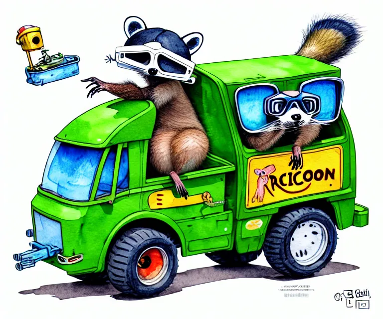 Image similar to cute and funny, racoon wearing goggles driving a tiny garbage truck, ratfink style by ed roth, centered award winning watercolor pen illustration, isometric illustration by chihiro iwasaki, edited by craola, tiny details by artgerm and watercolor girl, symmetrically isometrically centered