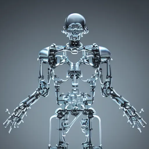 Prompt: minimalistic chromium cybernetic endoskeleton in a dark gray room : : highly detailed : : frosted glass like translucent armor