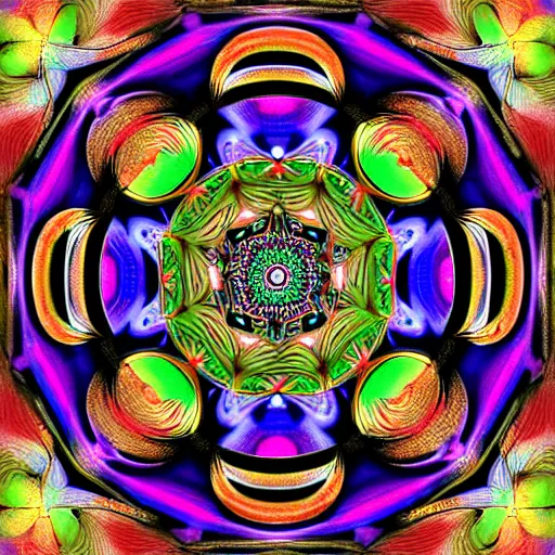 Image similar to ornate psychedelic twisting three dimensional mandala vortex inside a hexagonal box, intricate detail, complex