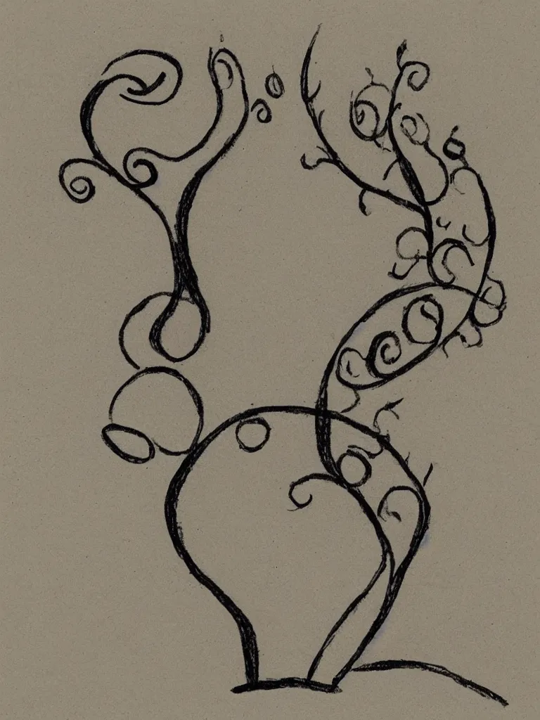 Prompt: a sketch of an acorn that turns into a tree in the shape of a treble clef with a perceptual edge in the middle, single line drawing