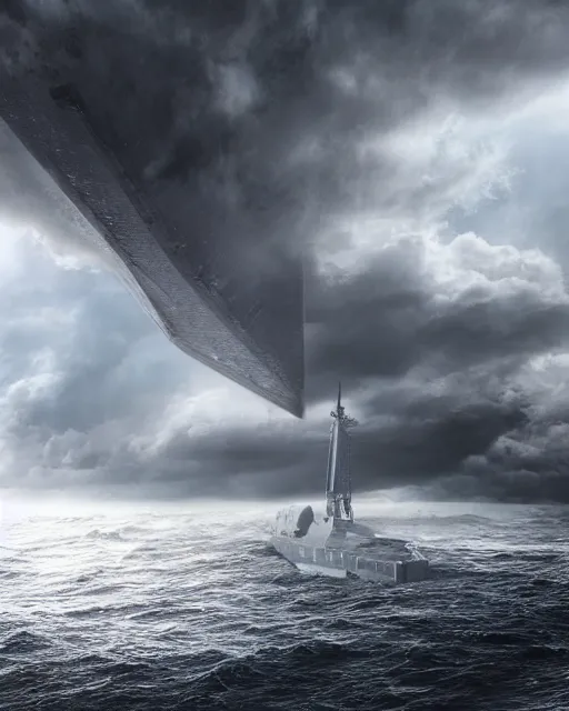 Image similar to establishing shot of a fishing boat on stormy seas, a gigantic star destroyer spaceship in the storm clouds flying overhead, star destroyer spaceship is emerging from storm clouds, stormy weather, dramatic lighting, unreal engine, hyper realism, realistic shading, cinematic composition, realistic render, octane render, detailed textures, photorealistic, ultrawide shot, 16mm lens