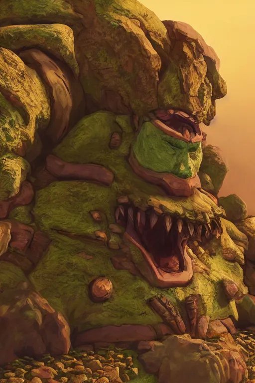 Image similar to zelda fantasy art giant golem troll wood rock greeble gemstone, global illumination ray tracing hdr fanart arstation by sung choi and eric pfeiffer and gabriel garza and casper konefal