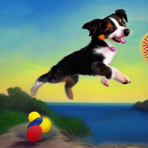 Image similar to children's book style digital painting of an Australian Shepherd puppy jumping in the air to catch a frisbee, very cute