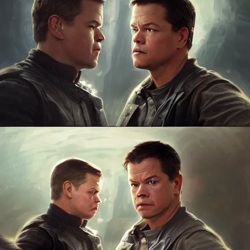 Prompt: Matt Damon and Mark Wahlberg looking at each other confused in the mirror, artstation, concept art, smooth, sharp focus, illustration, art by artgerm and greg rutkowski and alphonse mucha