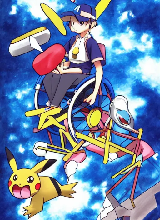 Image similar to a pokemon trainer traveling in a wheelchair, anime, art by ken sugimori