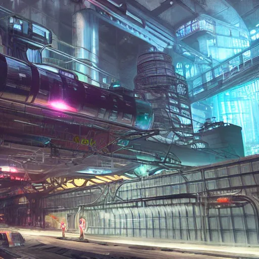 Prompt: photo of Immense industrial futuristic cargo train arrives at cyber punk city station, cinematic lighting,