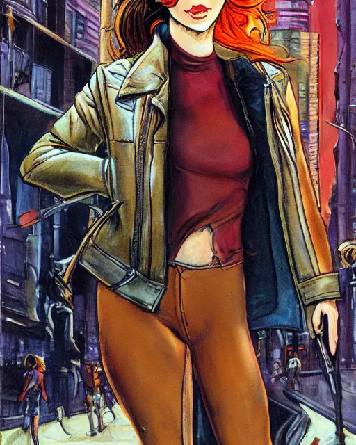 Image similar to young female protagonist in leather jacket, city street, artwork by ralph bakshi