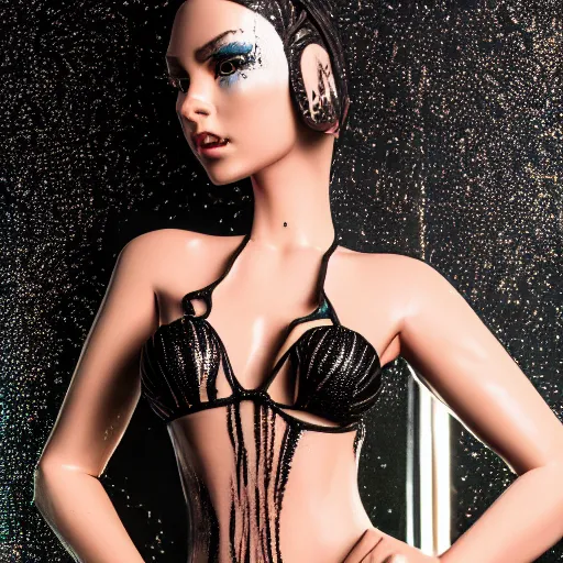 Prompt: An extremely beautiful runway model wearing a intricate bikini dress made from Ferro Fluid at a Galla, hyper realistic 8K HDRI octane render.