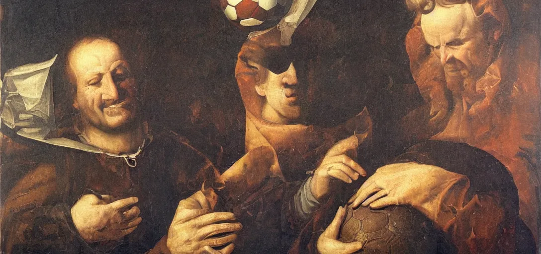 Prompt: Renaissance oil portrait of a man inventing soccer, a soccer ball is inspected, fog, maniacal smiling, high-quality realistic oil painting with detailed strokes, robed Renaissance scholar,