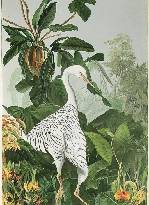 Image similar to tiger, white crane, tropical plants, botanical, large exotic flowers, biology, realistic, painted by john audubon