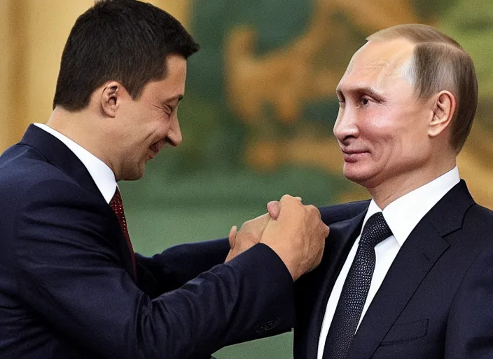 Image similar to Vladimir Putin and Volodymyr Zelensky hugging each other after signing the peace treaty