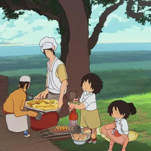 Prompt: father cooking bacon and eggs on a beautiful peaceful morning by studio ghibli