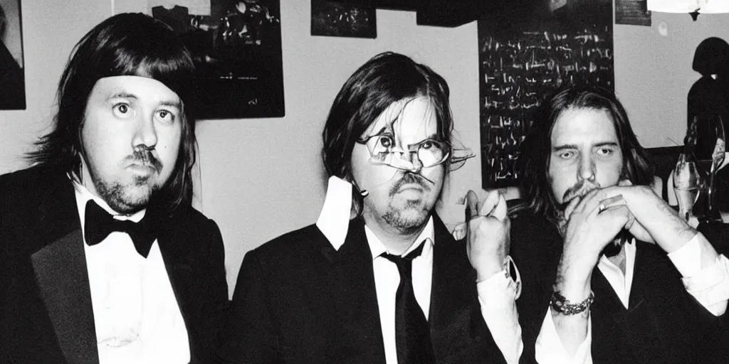 Prompt: “ david foster wallace and thomas pynchon at a dinner party hosted by haruki murakami, all are dressed in suits ”