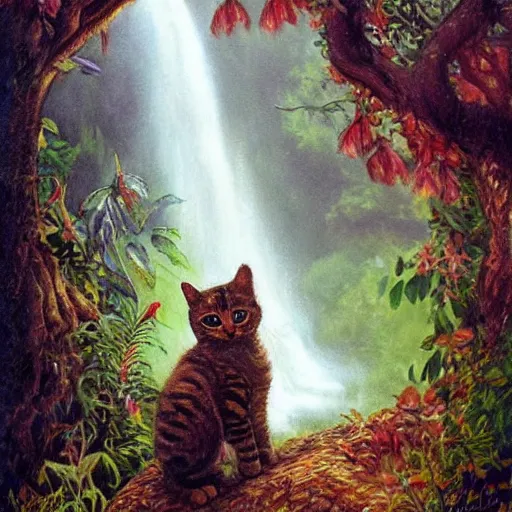 Image similar to painting of one kitten in the enchanted forest standing on the steps and watching the waterfall, fantasy, intricate, extremely detailed, matte, featured in artstation, art by louis wain, greg rutkowski