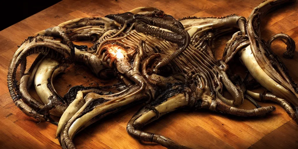 Prompt: Delicious roasted xenomorph, 4K, volume light, soft light, food photography, award winning photography, detailed rendering, unreal engine, 8k