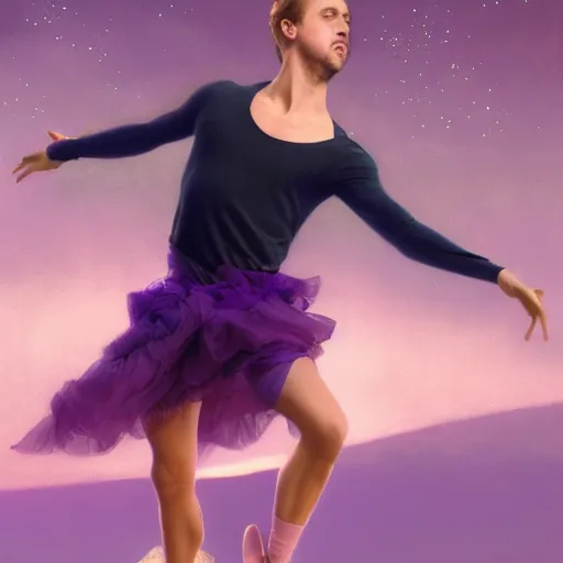 Image similar to ryan gosling dancing ballet, robotic clothes in the beach purple sun, dancing ballet, pink lighting ultra realistic photorealistic highly detailed high quality, a stunningly, digital painting, artstation, concept art, smooth, sharp focus, illustration, art by artgerm and greg rutkowski and alphonse mucha 8 k