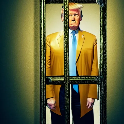 Prompt: Donald Trump as a convict in a golden prison cell, photorealistic, dramatic lighting