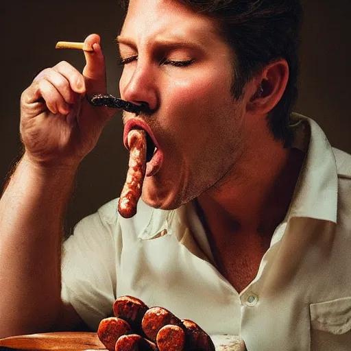 Prompt: a man eating a sausage, highly detailed.