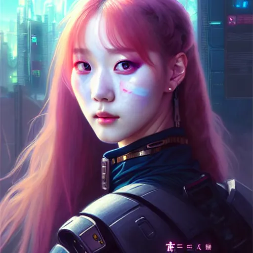 Prompt: portrait painting of cyberpunk chuu from loona as a cheerful smiling mercenary, ultra realistic, concept art, intricate details, eerie, highly detailed, photorealistic, octane render, 8 k, unreal engine. art by artgerm and greg rutkowski and magali villeneuve and alphonse mucha