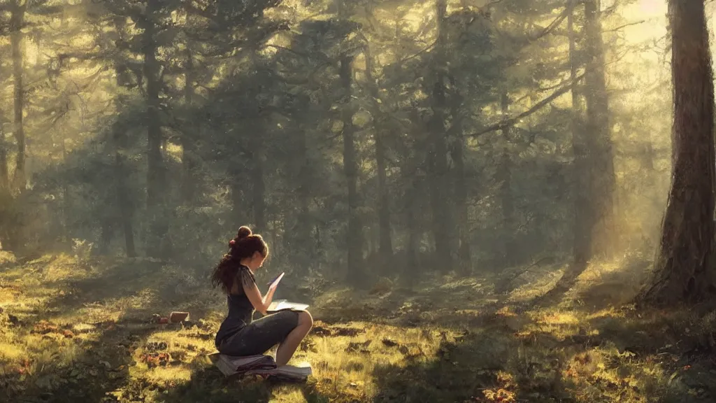 Prompt: girl reading on stump in the forest, curly messy high bun hairstyle, oriental tattoos, morning light, by jeremy mann and greg rutkowski, artstation, oil on canvas