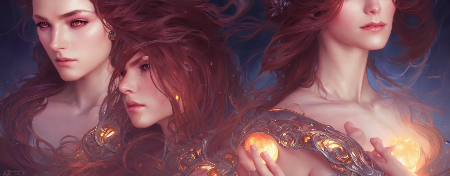 Image similar to fantasy magic woman portrait, sci-fi, amber eyes, face, long hair, fantasy, intricate, elegant, highly detailed, digital painting, artstation, concept art, smooth, sharp focus, illustration, art by artgerm and greg rutkowski and alphonse mucha