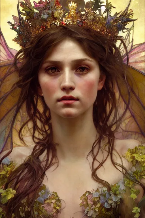 Image similar to hyperrealist portrait of a fairy girl emperorit is decorated with long robes that fall like stars and wears a huge crown. by jeremy mann and alphonse mucha, fantasy art, photo realistic, dynamic lighting, artstation, poster, volumetric lighting, very detailed faces, 4 k, award winning