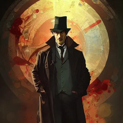 Image similar to portrait of stylized michael cain as sherlock holmes looking troubled, intricate detail, digital painting, particles floating, whimsical background by marc simonetti, artwork by ross tran + ramond swanland + liam wong